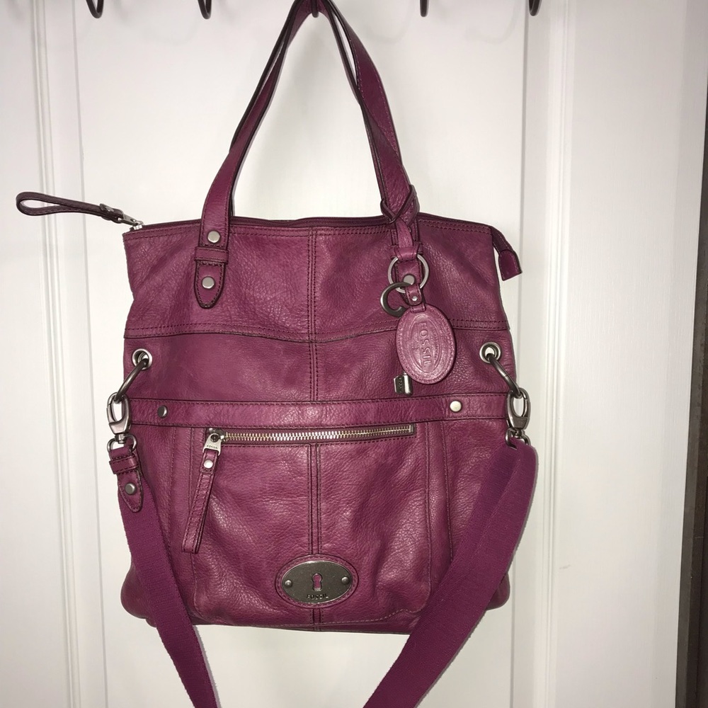 Large Magenta Fossil Leather Pageboy Bag